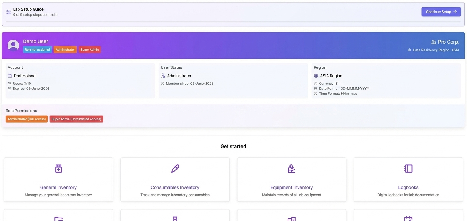 Lab setup overview showing user roles, regional settings and get started module shortcuts in AILabAssistant