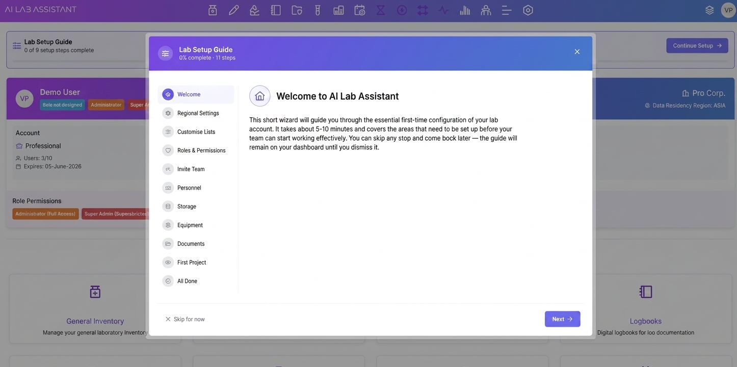 First-time lab setup wizard showing the list of configuration steps in AILabAssistant
