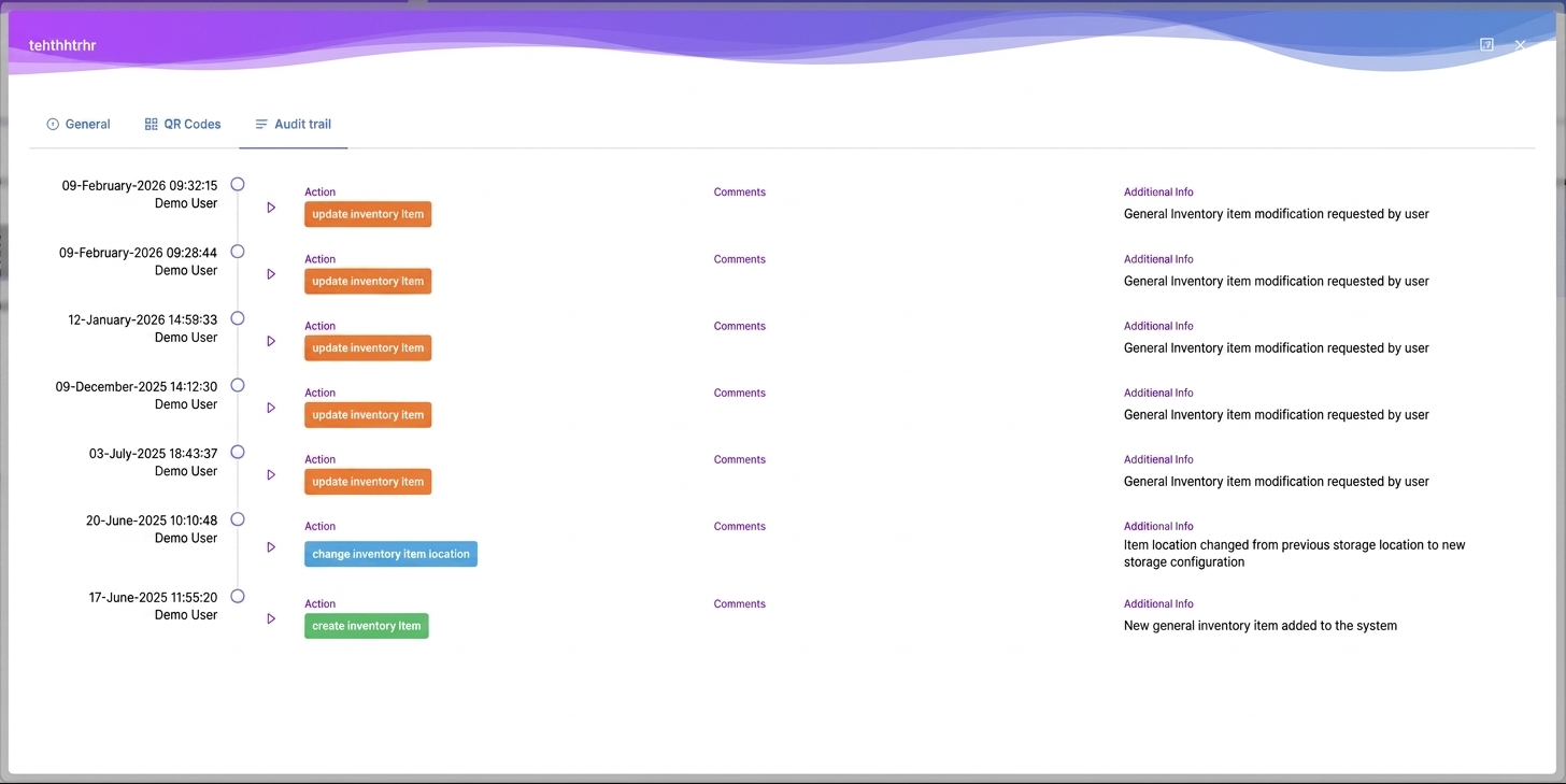 Item-level audit trail timeline showing every create, update and location change in AILabAssistant