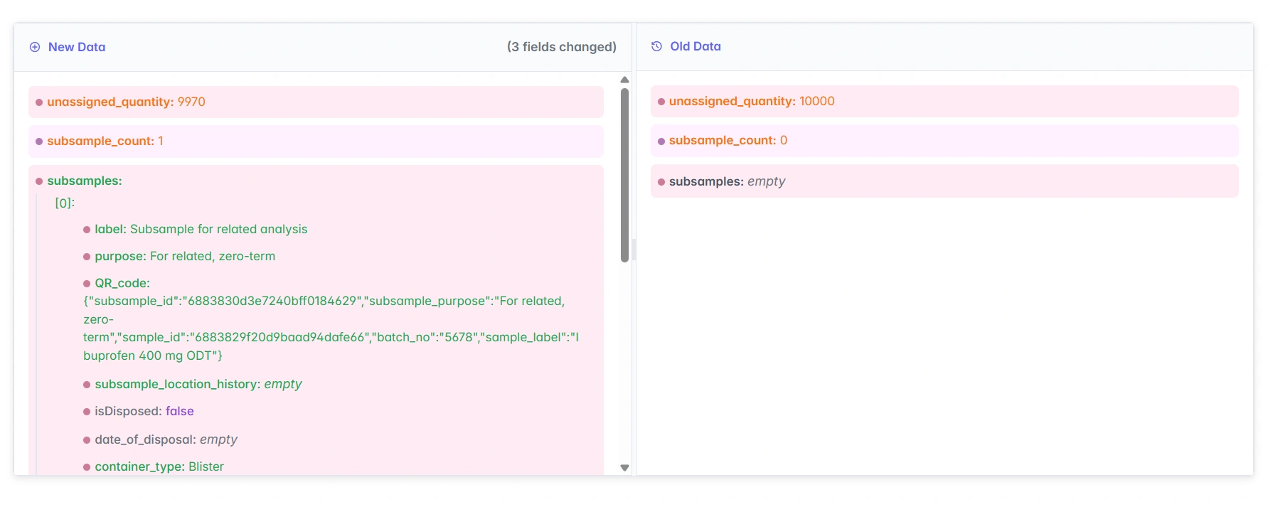 Screenshot of a side by side comparison of changed data