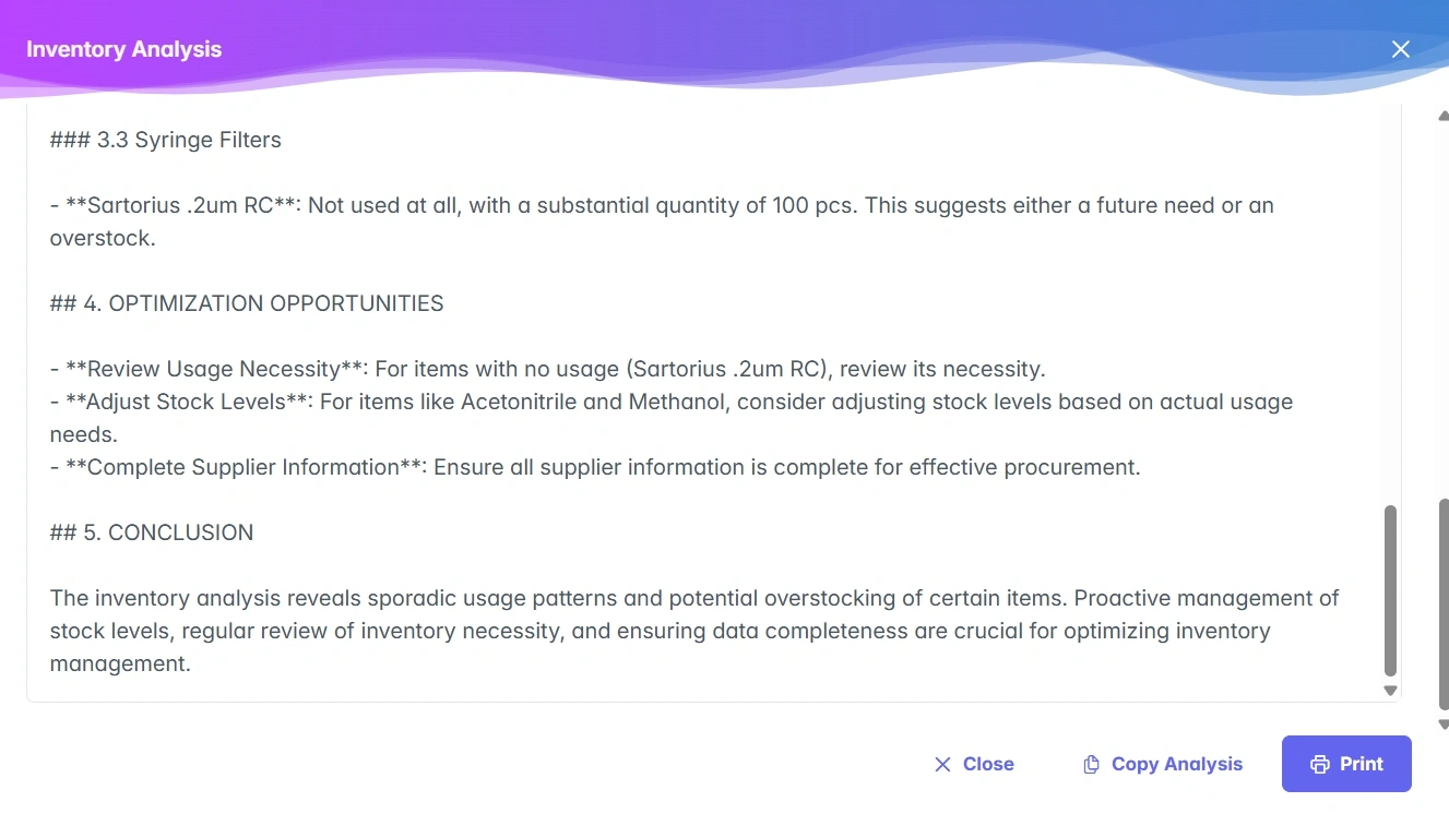 Screenshot of the dialog showing AI analysis of the current inventory and associated logbook entries