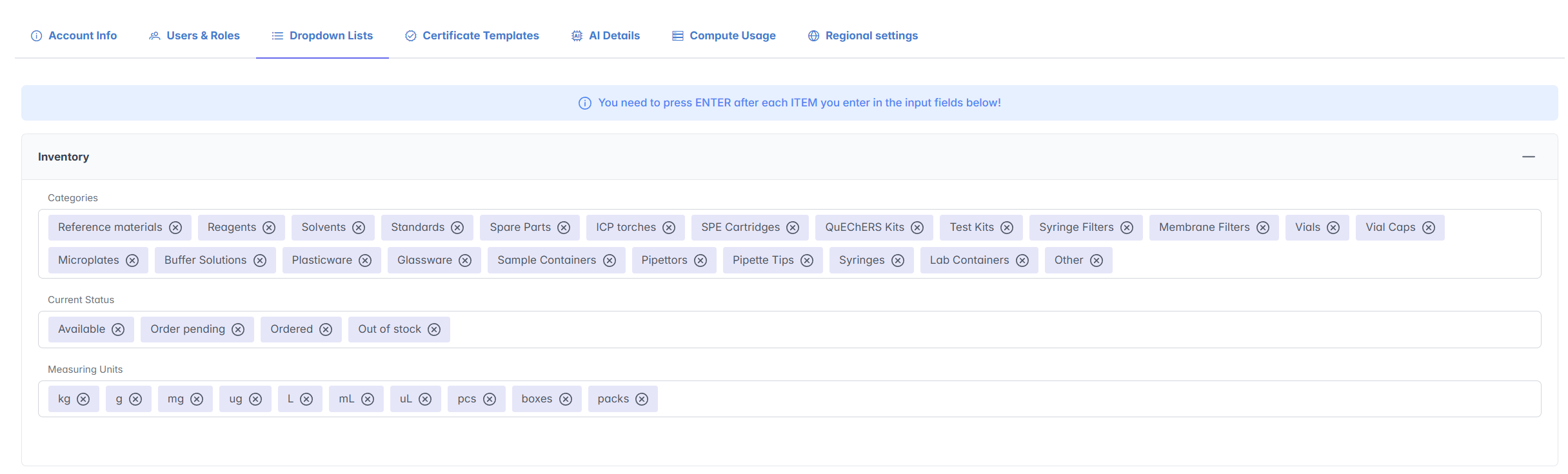 Custom dropdown list settings for inventory categories, current status and measuring units in AILabAssistant