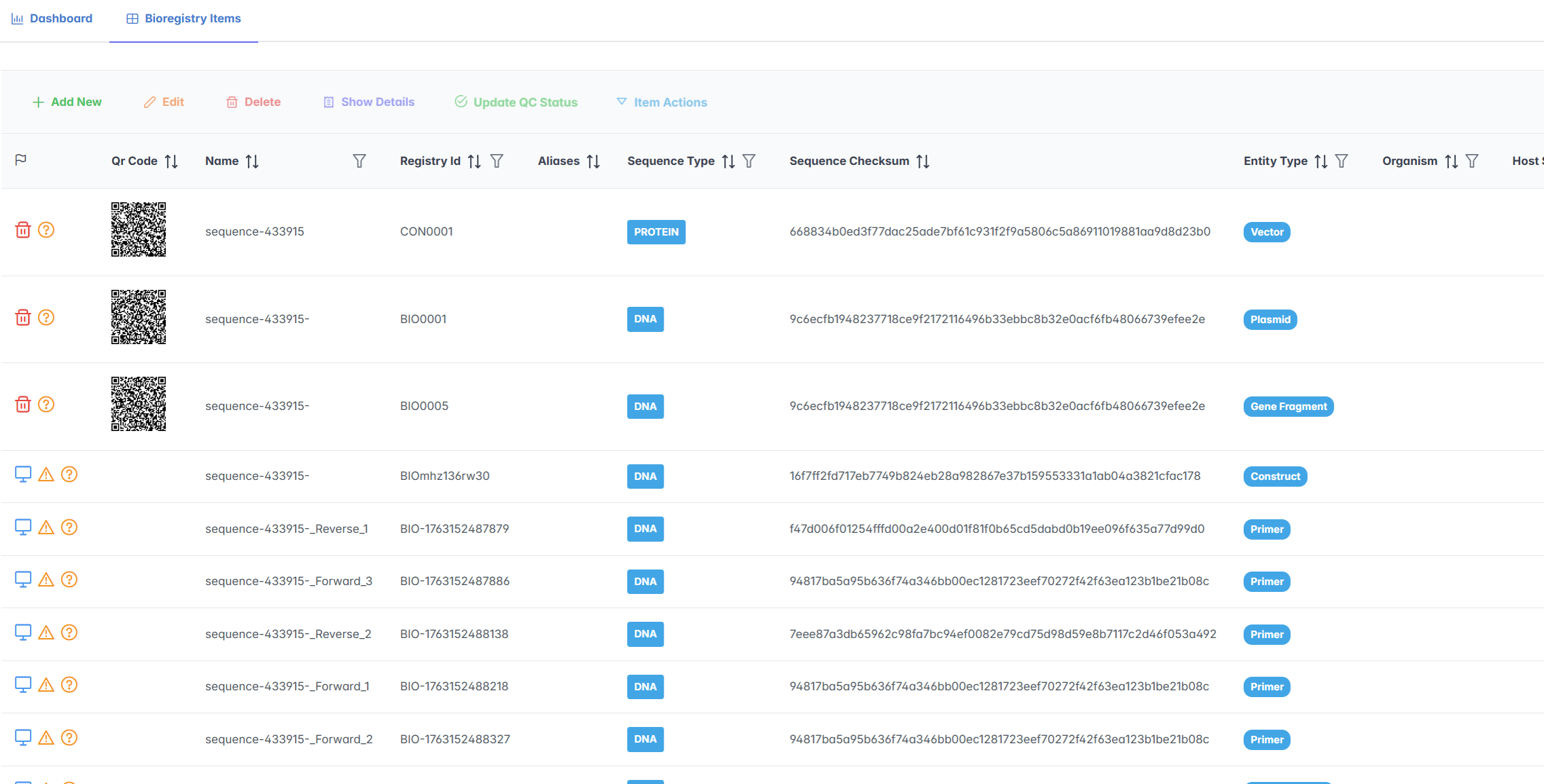 Bioregistry items list showing QR codes, registry IDs, sequence type and checksums in AILabAssistant