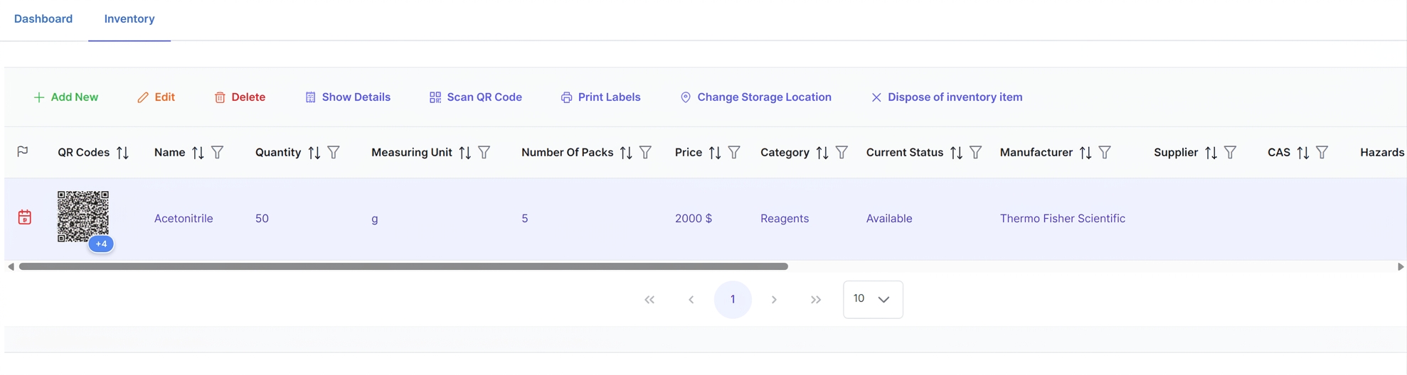 Inventory items table with scan, print and location actions in AILabAssistant